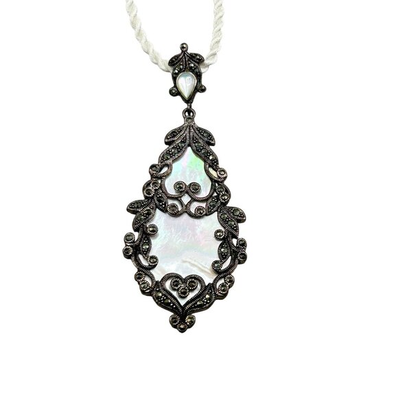 Vtg Sterling Silver & Marcasite Pendant Necklace Mother of Pearl Drop Pendant - Picture 1 of 11